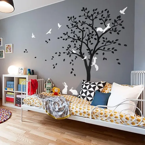 Miniatura 12 de Adhesivo decorativo de pared de árbol grande con pájaros, ardillas y conejos, conejos, decoración de guardería 095 (todo blanco)