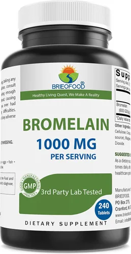 Brieofood Bromelina 1000 mg por porción 240 tabletas - Enzima digestiva proteolítica - Apoya la digestión saludable, la salud de las articulaciones,