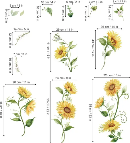 Miniatura 4 de decalmile Calcomanías de pared de girasol de acuarela flores amarillas jardín floral pegatinas de arte de pared dormitorio sala de estar TV fondo