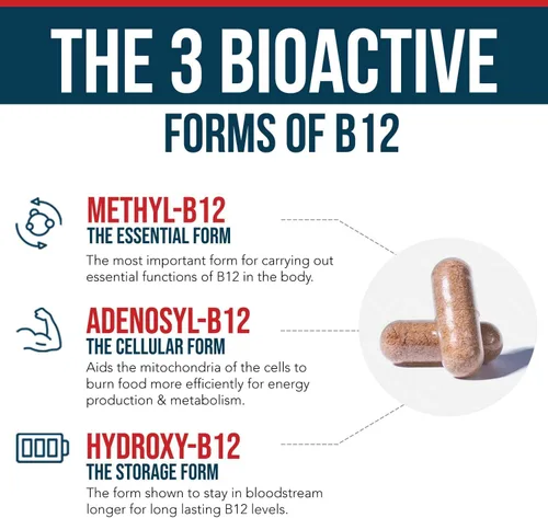 Miniatura 3 de BioActive Vitamina B12 – 1000 mcg, contiene las 3 formas de coenzimas (metilo, adenosilo e hidroxi) más coactor de metilfolato Apoya la energía