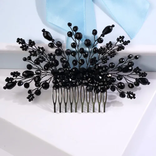 Miniatura 3 de Missgrace Mujeres nupcial boda hecho a mano cristales negros lado pelo peine ocasión especial tocado negro mujeres accesorios para el cabello