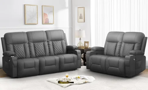 Miniatura 10 de FURNIMAT Sofá reclinable biplaza, sofá reclinable doble de 3 plazas con consola abatible, moderno sofá biplaza de cuero PU para sala de estar/casa