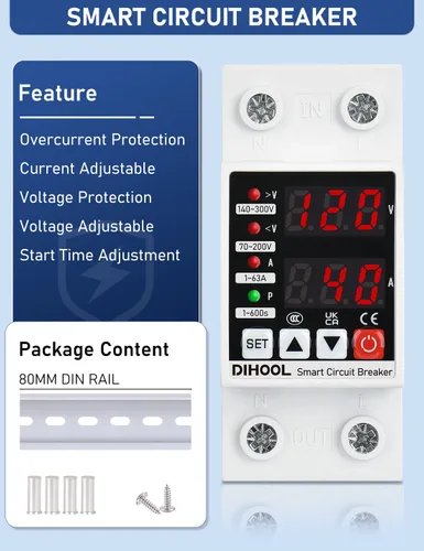 Miniatura 3 de DIHOOL Protector de voltaje ajustable 110V 220V, corte de bajo/alto voltaje y protección contra sobrecorriente, subvoltaje 70-200V, sobretensión