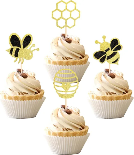 Miniatura 18 de ZHUOWEISM 1 decoración para pastel con diseño de abeja y flores con purpurina de panal de abejorros para pastel de cumpleaños, para temática