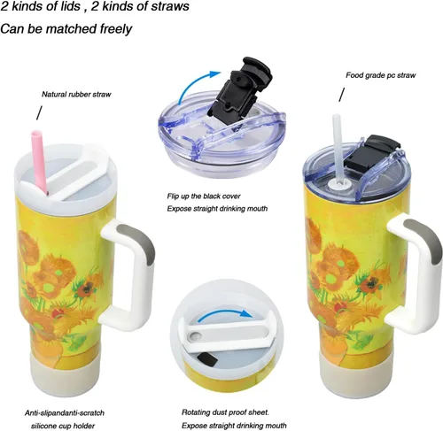 Miniatura 3 de Jormungand Vaso de 40 onzas con asa y pajita, botella de agua de acero inoxidable aislada al vacío para bebidas calientes o frías, taza de café