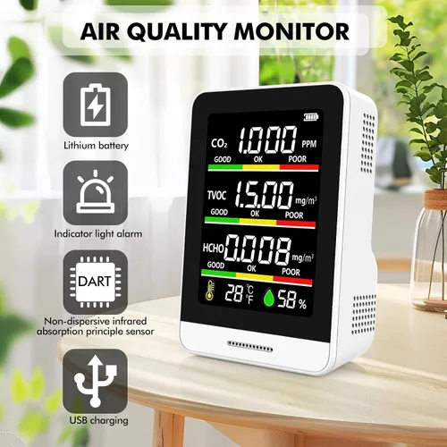 Miniatura 2 de Monitor de calidad del aire para interiores, probador inteligente de calidad del aire 8 en 1 con CO2, TVOC, HCHO, AQI, temperatura y humedad