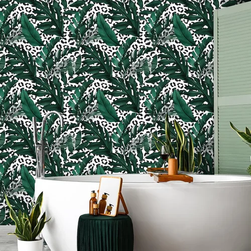 Miniatura 3 de CRE8TIVE 24"x118" Papel pintado de hoja de plátano Monstera para despegar y pegar Papel pintado de leopardo blanco y negro extraíble Papel