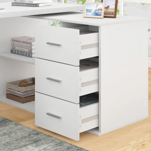 Miniatura 7 de HSH Escritorio Blanco en Forma de L con Cajones y Estantes, Escritorio de Esquina para Oficina en Casa en Forma de L con Gabinete de Almacenamiento