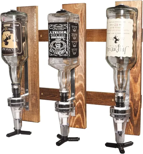 Miniatura 2 de Dispensador de licor montado en la pared de 2 botellas, estante de pared de madera para bar en casa, dispensador de bebidas de vidrio para fiestas