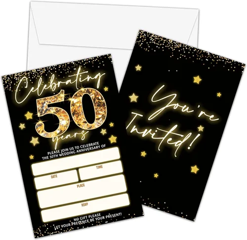 Miniatura 7 de Tarjetas de invitaciones de 50 aniversario, invitaciones de aniversario de boda con purpurina negra y dorada con sobres, tarjetas de invitaciones