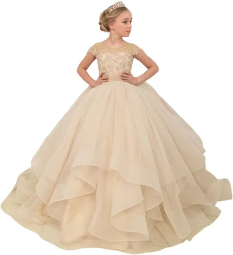 Uzqast Lace Appliques Flower Girls Dresses Tulle Short Sleeves Princess Long Wedding Pageant Ball Gown Dress for Girls