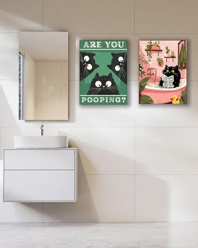 Miniatura 4 de UPWOIGH Decoración artística para pared de baño, arte divertido de pared con diseño de gato negro Are You Pooping, lienzo enmarcado de madera