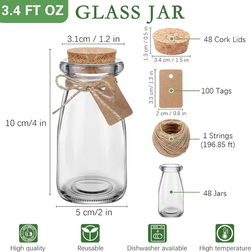 Miniatura 2 de Sieral 48 frascos pequeños de yogur de 3.4 onzas, botellas de vidrio pequeñas con tapas de corcho, mini botellas de poción de leche, tarros de pudín