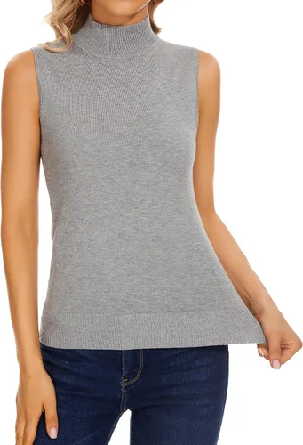 Miniatura 5 de Biffxeu Camisetas de punto sin mangas con cuello alto falso para mujer, suéter suave y ajustado, sin mangas, tops básicos