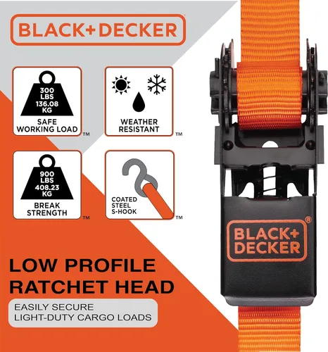Miniatura 3 de Black+Decker BDX1018 - Juego de 6 correas de trinquete de 10 pies y correa elástica de 36 pulgadas, carga de trabajo segura de 300 libras