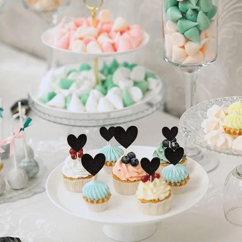 Miniatura 5 de 30 piezas de decoración para cupcakes con diseño de corazón con purpurina para cupcakes, despedida de soltera, boda, compromiso, decoración de Negro