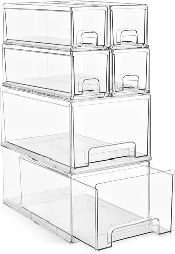 Miniatura 9 de Sorbus 1 cajón grande y 2 pequeños transparentes y apilables – Cajones organizadores de plástico con asas – Cajones de almacenamiento extraíbles