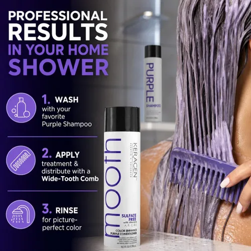 Miniatura 5 de KERAGEN - Acondicionador púrpura sin sulfato para neutralizar los tonos amarillos en cabello rubio y plateado con queratina, pantenol, vitaminas
