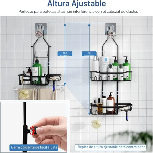 Miniatura 2 de Organizador de ducha mejorado de longitud extendida con ganchos, soporte para champú y jabón resistente a la oxidación, organizador de baño grande