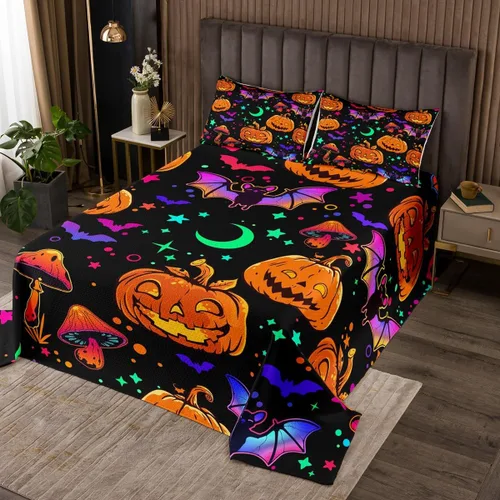 Miniatura 7 de Erosebridal Juego de colcha de murciélago de Halloween, tamaño individual, estrellas con purpurina y galaxia, para niños, decoración de Halloween