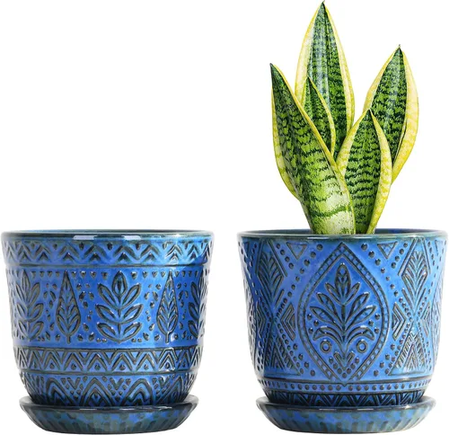 Miniatura 14 de Gepege Macetas para suculentas, maceta pequeña de cerámica para interiores de 4 pulgadas con agujeros de drenaje y platillos para plantas, color Azul