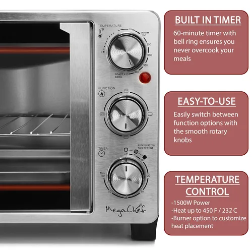 Miniatura 6 de MegaChef Horno Tostador Eléctrico Multifunción de Acero Inoxidable con Puerta Francesa de 26.4 Cuartos con Control de Temperatura y Temporizador