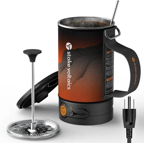 Miniatura 8 de Stoke Voltaics Cafetera Eléctrica de Prensa Francesa, 120V Hervir Agua y Prensar Café 2-en-1, Diseño Portátil para Viajes, Camping, Preparación