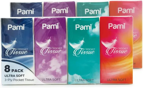 PAMI Pañuelos de bolsillo ultrasuaves de 3 capas, pequeños paquetes de pañuelos para bolso, toallitas faciales fuertes y absorbentes (paquete de 8,
