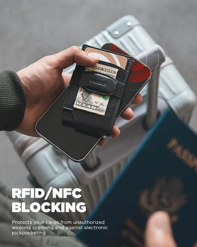 Miniatura 4 de VULKIT Billetera desplegable para tarjetas con correa de dinero, bolsillo frontal de cuero, con ventana de identificación, bloqueo RFID, funda