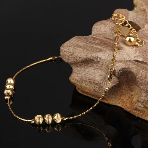 Miniatura 3 de Tobillera para mujer tono dorado de 18 quilates con cuentas de la suerte, cadena de hueso de serpiente, accesorio ajustable de 9.4in de largo