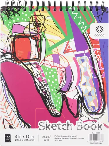 CONDA Cuaderno de bocetos de 9 x 12 pulgadas, bloc de bocetos con espiral superior, 100 hojas (60 lb/90 GSM), papel de bocetos duradero libre de