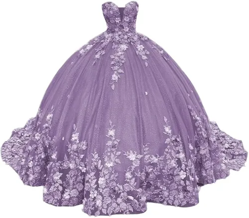 Miniatura 6 de XYAYE Vestidos de quinceañera de novia para mujer, vestidos de baile de flores en 3D, vestido de fiesta de encaje, sin tirantes, de tul dulce 15 16