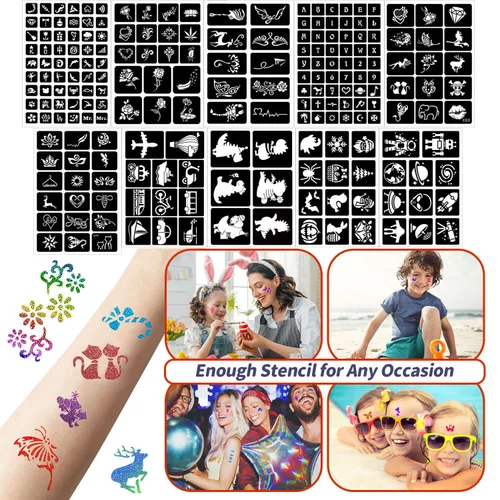 Miniatura 3 de Kit de tatuajes temporales con purpurina para niños, 36 colores de purpurina, 222 plantillas, 3 pegamento, 5 pinceles, kit de purpurina artística