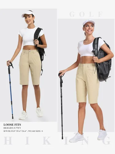 Miniatura 6 de MoFiz Women 13" Slim Fit Cargo Hiking Shorts Knee Length Elastic Waistband Women Golf Shorts with Right Thigh Zip Pocket