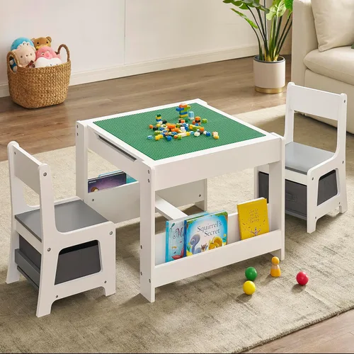 Miniatura 10 de GTOLV Juego de mesa y silla para niños, mesa de actividades de madera 3 en 1 con cajón de almacenamiento para niños pequeños, dibujo, lectura, Gris
