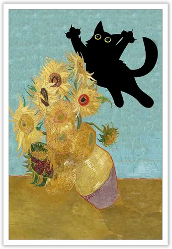 Póster de Arte Gracioso de Gato Negro Vintage Van Gogh Girasol Gato Impreso en Lienzo Arte de Pared de Gato Lindo Estética de Animales en la