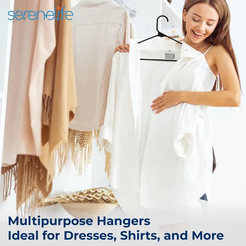 Miniatura 7 de SereneLife - Juego de 10 perchas de plástico con gancho de metal, color negro Non-Slip, Lightweight hangers with a slim profile help keep closets