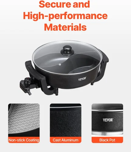 Miniatura 5 de VEVOR Olla caliente eléctrica, olla Shabu Shabu Shabu de doble sabor de 1360 W, 5 L, cocina eléctrica antiadherente con divisor, tapa de vidrio