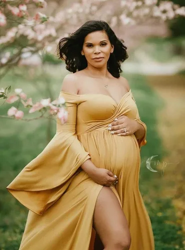Miniatura 3 de ZIUMUDY Vestido de maternidad con hombros descubiertos y mangas acampanadas, maxi vestido de fotografía para baby shower