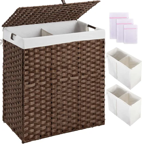 Miniatura 16 de Greenstell Cesta para la ropa sucia con 2 bolsas de forro extraíbles – Cesta de ropa dividida de 90 L, cesta de lavandería plegable de ratán Gris