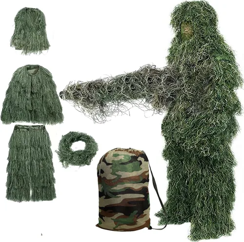 Miniatura 9 de DoCred Traje Ghillie 5 en 1, ropa de caza de camuflaje 3D con chaqueta, pantalones, capucha, bolsa de transporte para adultos/jóvenes, S/M/L/XL/XXL
