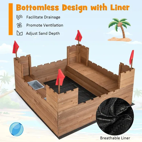 Miniatura 5 de Costzon Caja de arena para niños, pozo de arena de madera de cedro de 45 x 45 pulgadas con asientos de banco integrados, cajas de almacenamiento
