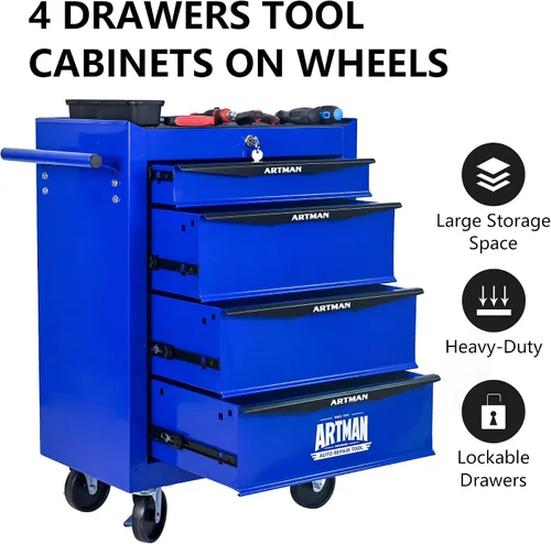 Miniatura 7 de Runboll Caja de herramientas con 4 cajones con taquilla, 20.9 pulgadas de profundidad de metal movible con cerradura, caja de almacenamiento