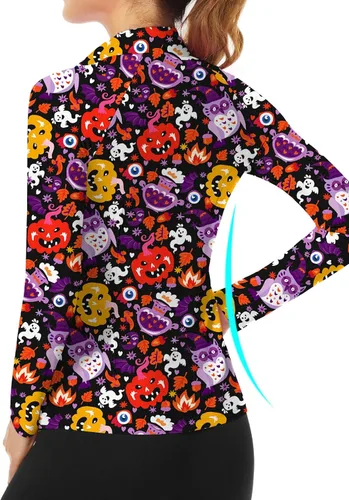 Miniatura 76 de WOWENY Camiseta deportiva de manga larga para mujer, con cremallera de un cuarto, cuello para entrenamiento, camiseta de tenis con estampado