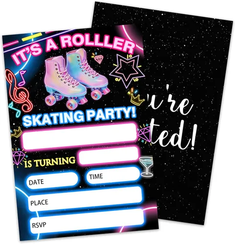 Miniatura 10 de 5ª invitaciones de cumpleaños para fiestas de patinaje sobre ruedas para niñas y niños, tarjetas de invitación de patines rosas con sobres, 20