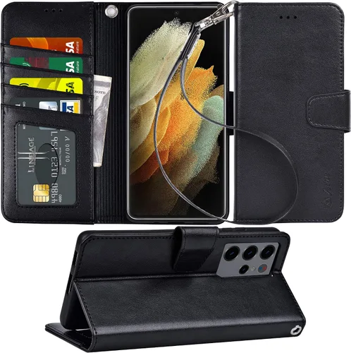 Arae Funda tipo cartera para Samsung Galaxy S21 Ultra PU (función atril), con correa para la muñeca y 4 ranuras, bolsillo para tarjetas de Negro