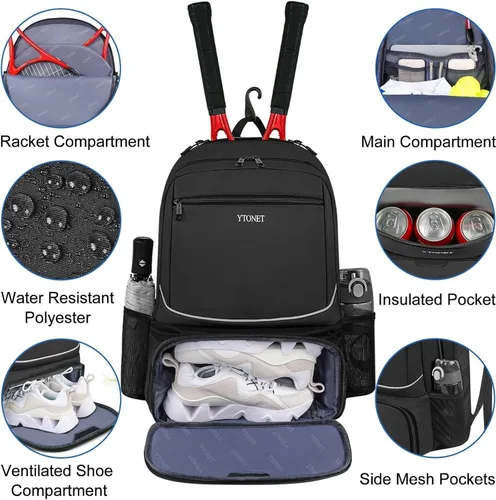 Miniatura 5 de Ytonet Tennis Bag Tennis Backpack for Women Men 2 Rackets with Insulated Pocket Ventilated Shoe Compartment Negro