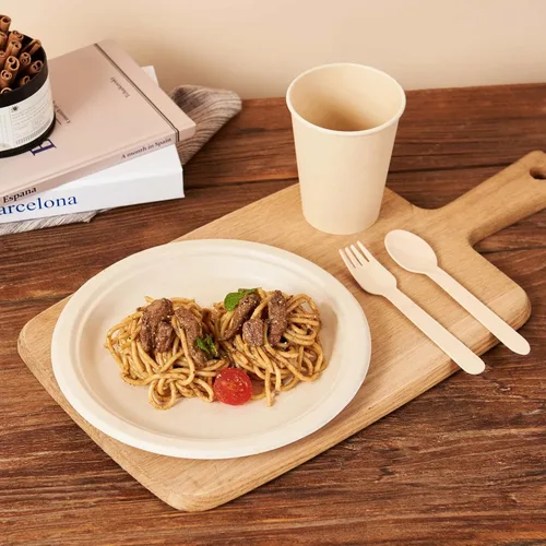 Miniatura 4 de FULING Juego de vajilla biodegradable de 350 piezas, platos de cena desechables, cubiertos de madera, servilletas, material a base de plantas, apto
