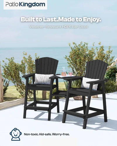 Miniatura 5 de Juego de 2 sillas altas Adirondack de Patio Kingdom, sillas de cubierta de HDPE con bandejas conectadas y agujero para sombrilla, taburetes de bar
