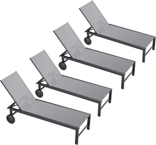 Miniatura 10 de QAQA - 2 tumbonas para exteriores con ruedas, silla de aluminio para patio con 5 posiciones ajustables para piscina, playa, patio, gris oscuro